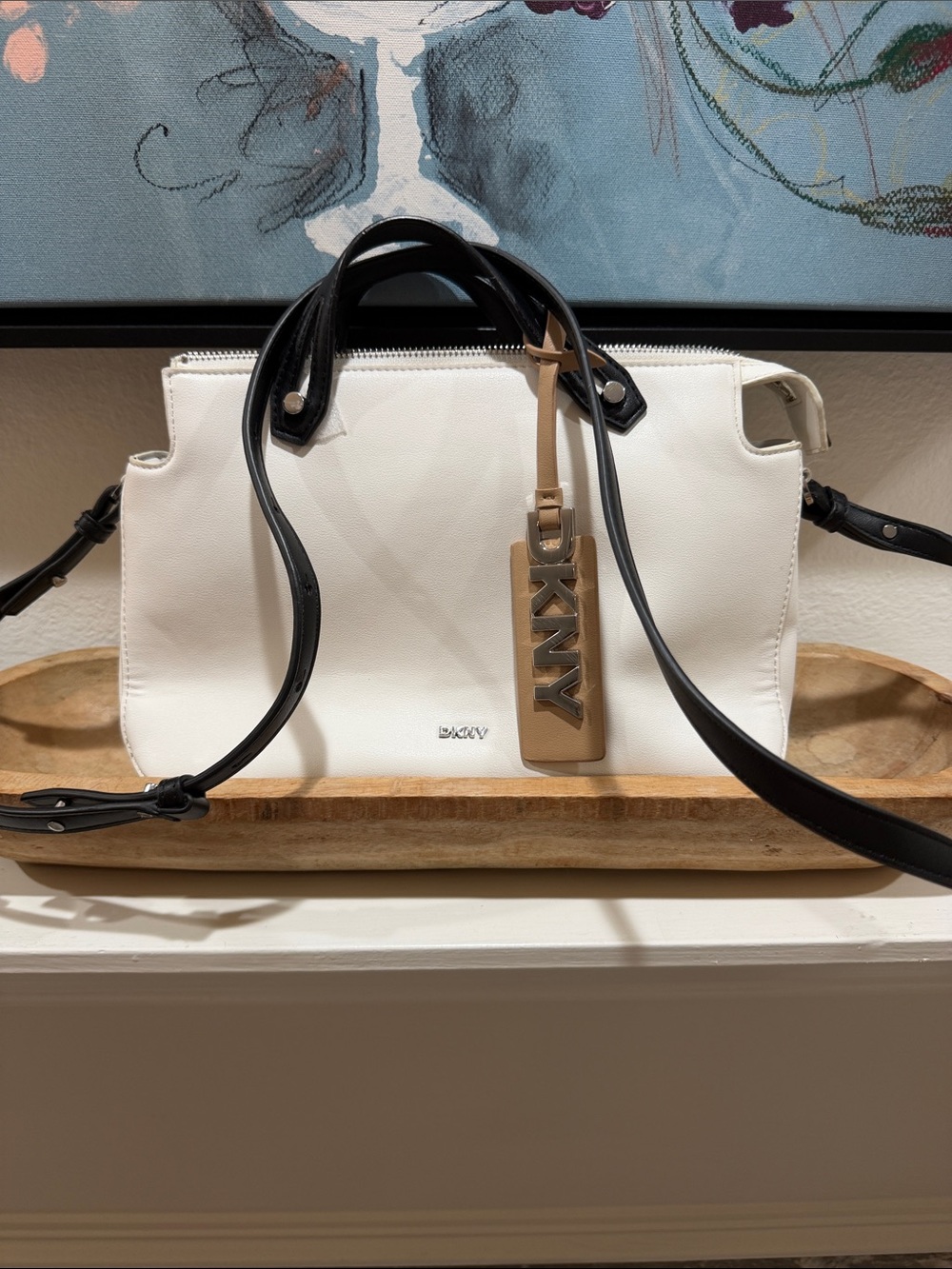 DKNY White Leather Satchel with Black Handles and Tan Logo Tag